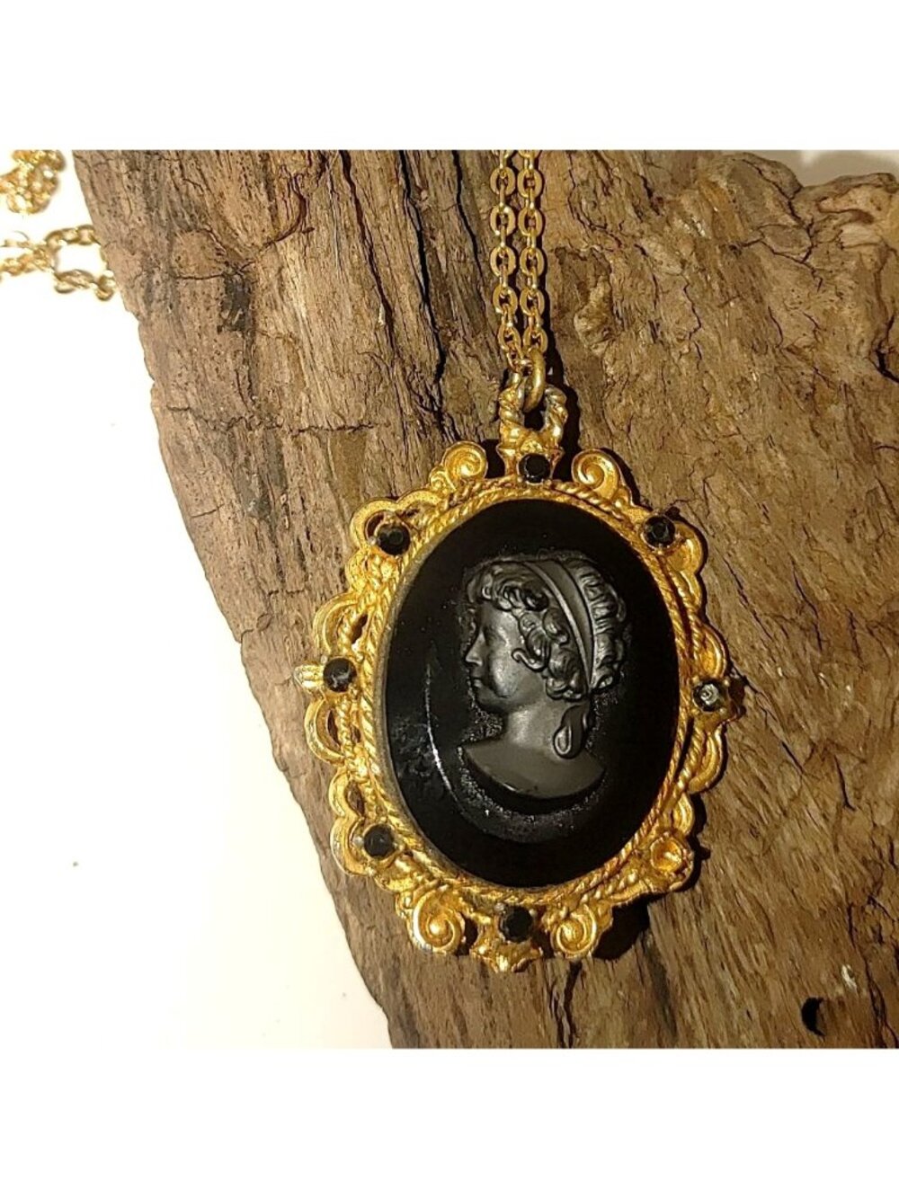 Vintage Black Glass Cameo Pendant Victorian Revival Gold Tone Scrollwork Bezel